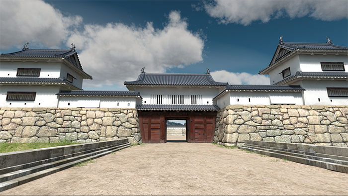 上　江戸時代前期の再現CG　上田城本丸の東虎口櫓門。両側に南櫓、北櫓がある。